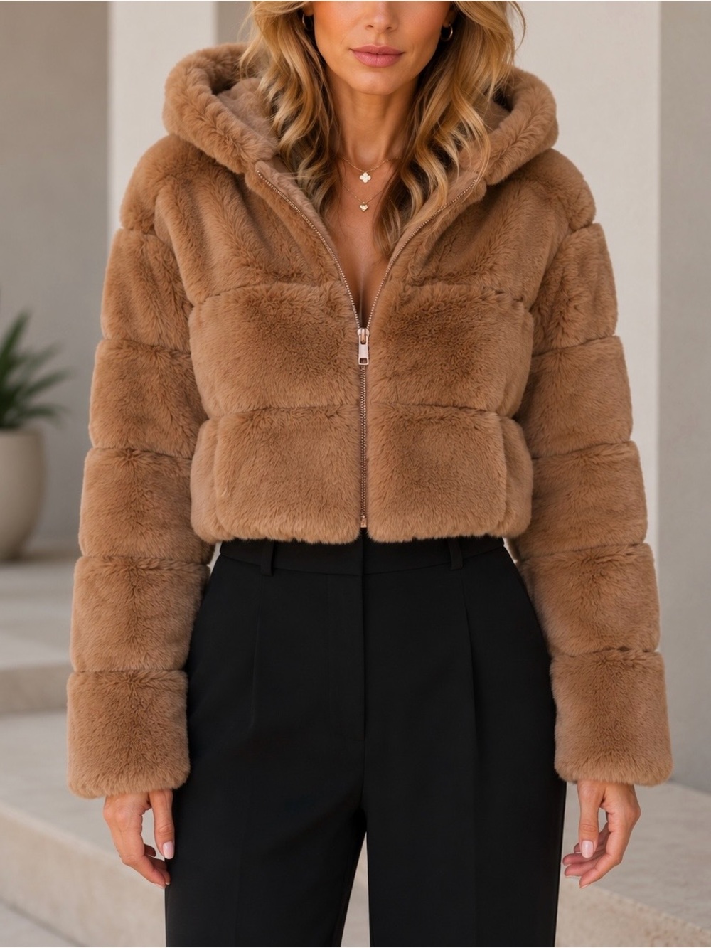 Faux Fur Hooded Cropped Jacket - Brown M